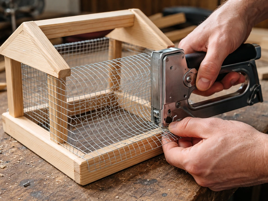 Person stapling wire mesh onto a simple wood frame bird feeder in a workshop.