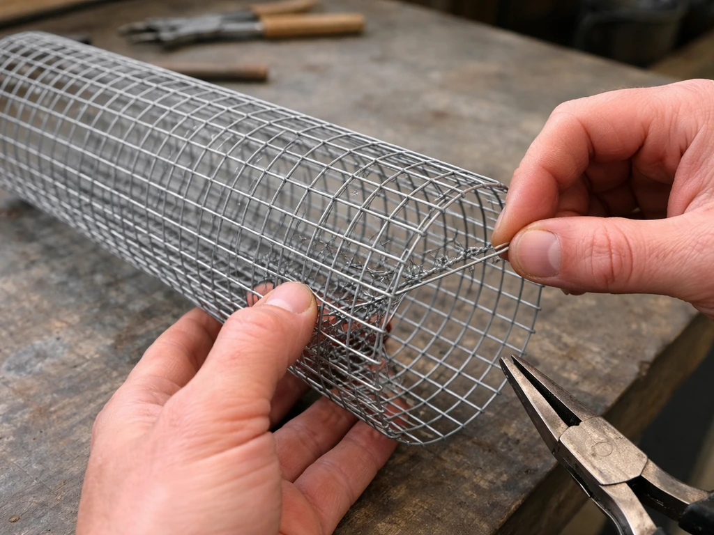 Close-up of hands bending and securing a welded-wire mesh cylinder seam on a workbench.
