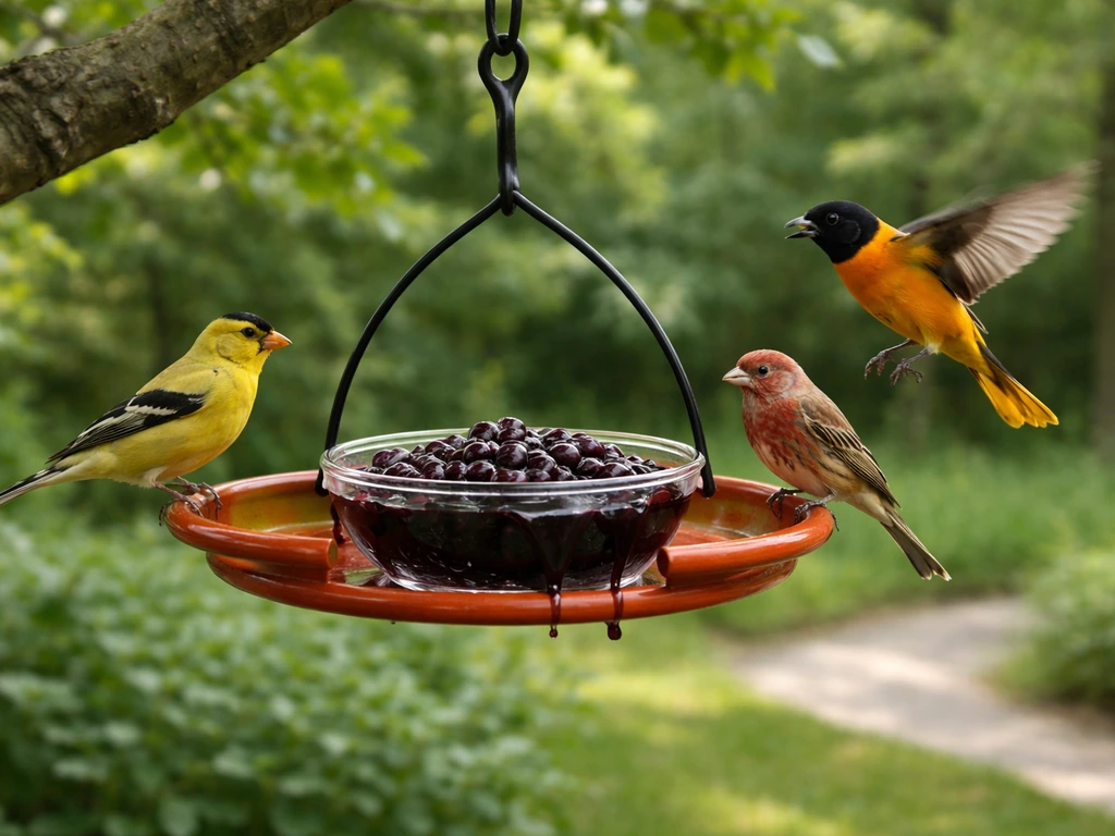 Grape jelly bird feeder in a backyard garden with a jelly tray and small songbirds visiting