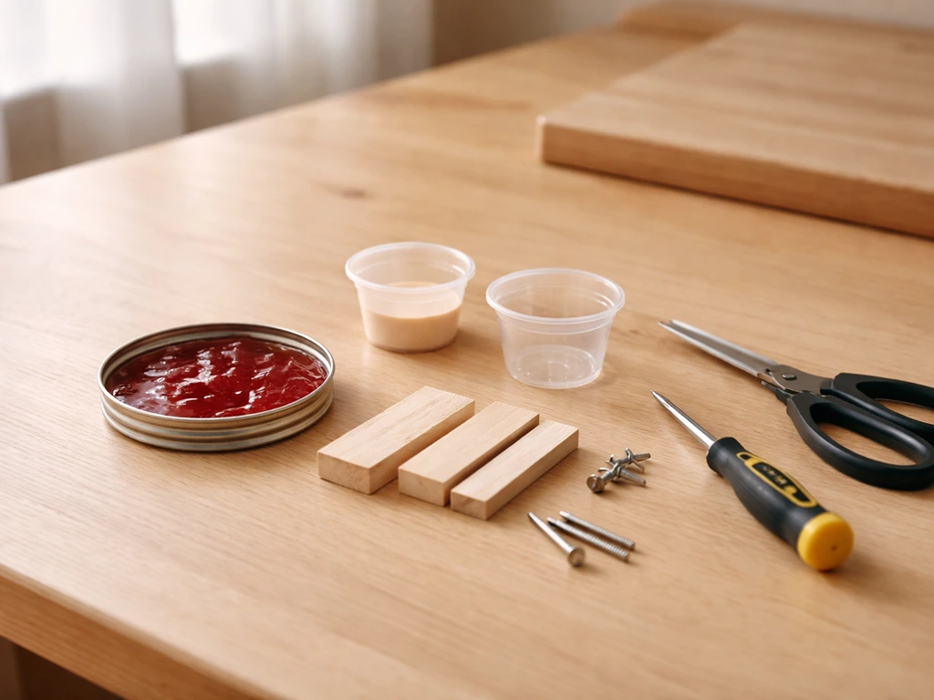 Assorted kitchen and basic craft supplies laid out on a table for building a small feeder.
