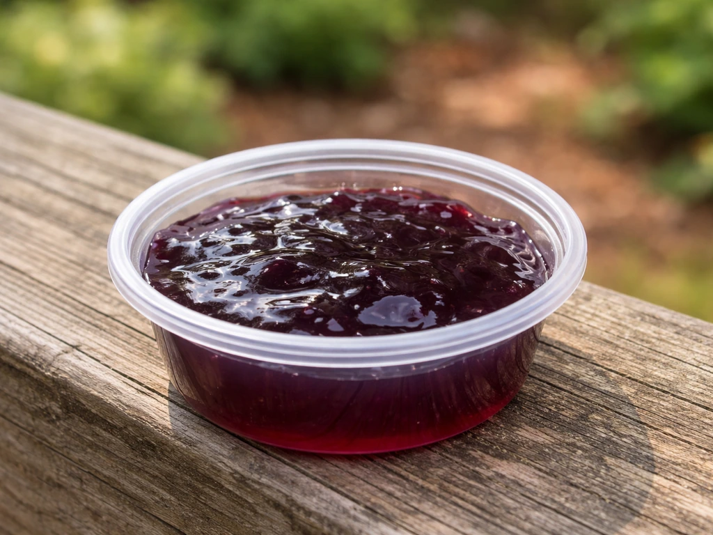 Shallow condiment cup filled halfway with grape jelly sitting on a wooden fence railing in daylight.