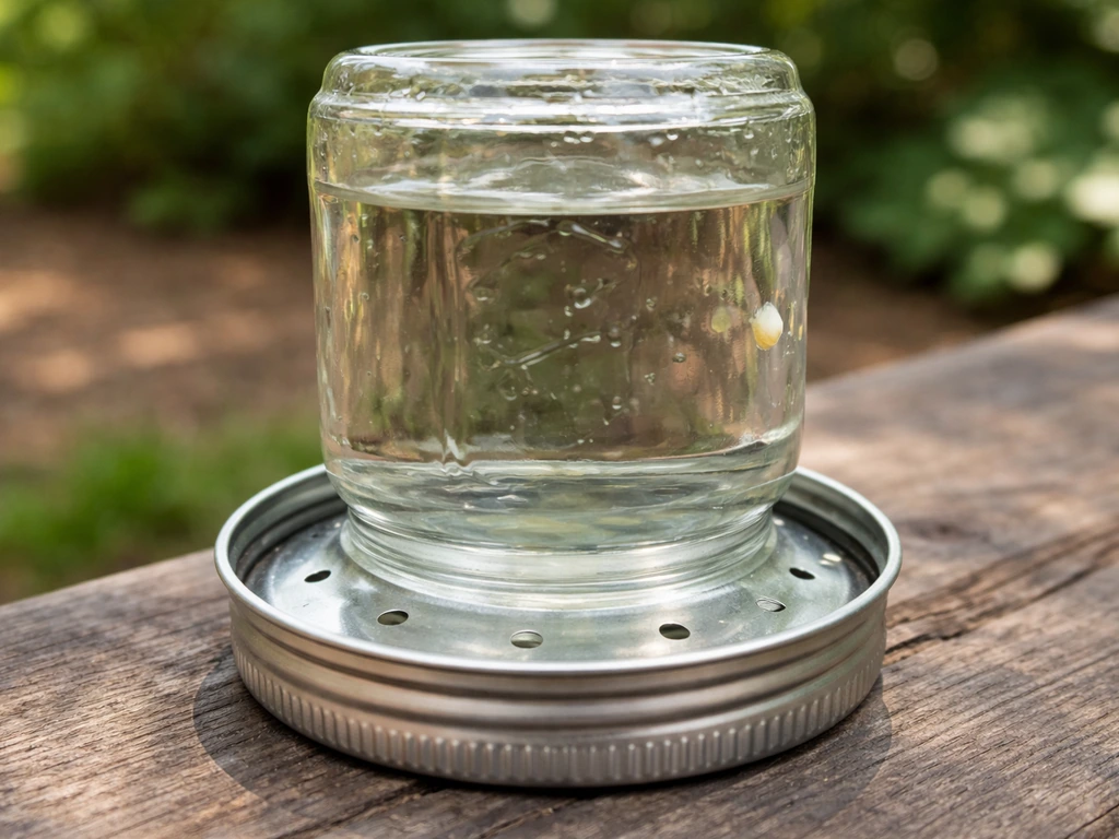 Close-up of an inverted wide-mouth mason jar feeder with drilled metal lid, set on a wooden surface.