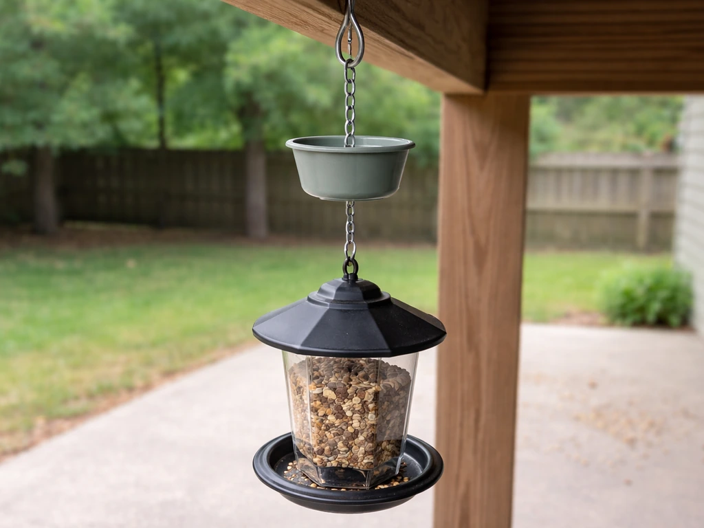 Close view of a bird feeder with a cup-shaped ant moat on the hanging wire above it.