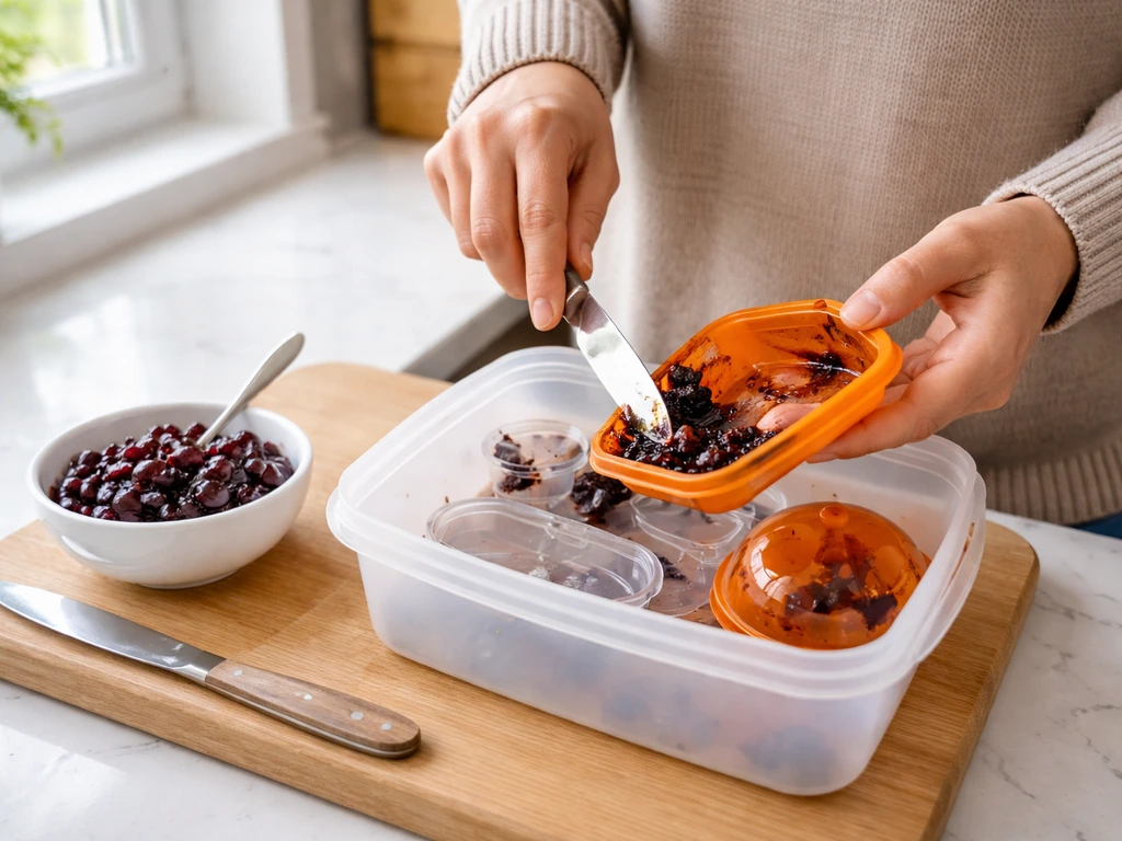 Bird feeder parts on a kitchen counter, old jelly scraped away and fresh grape jelly ready to refill