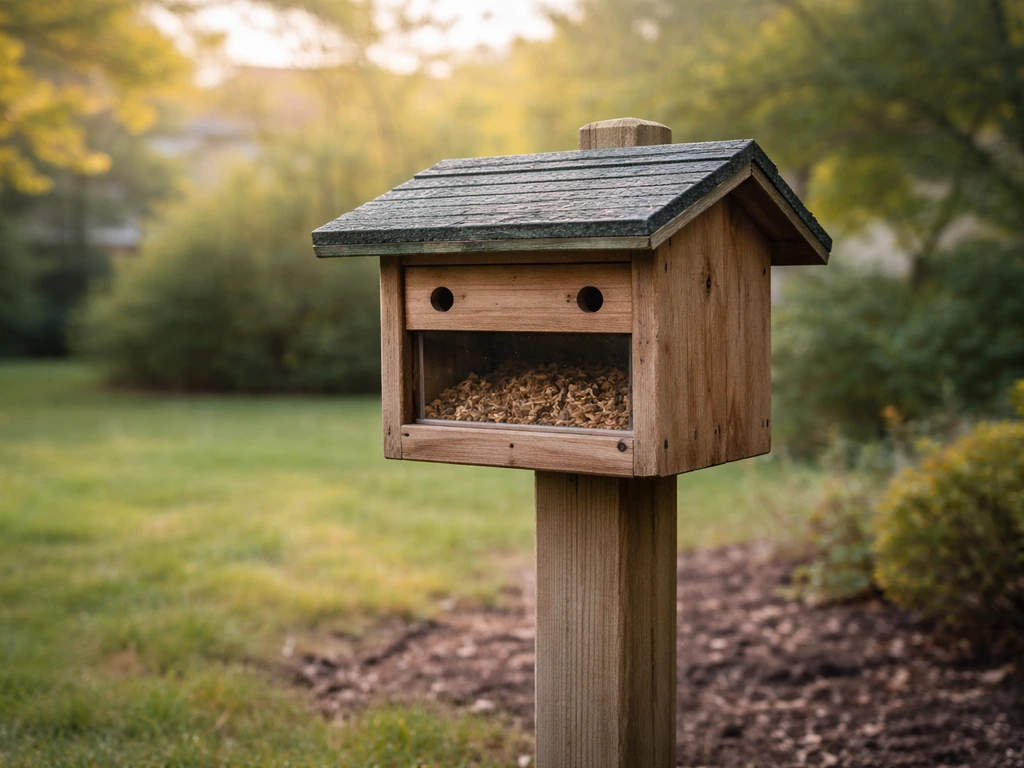 Finished enclosed bluebird feeder with small entry holes mounted on a post in a yard.