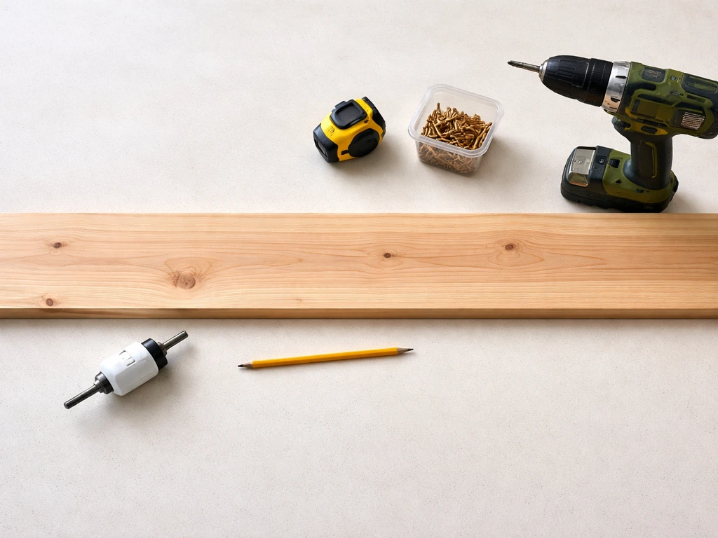 Cedar/pine board with hole saw, drill, screws, measuring tape, and pencil laid out on a workbench.