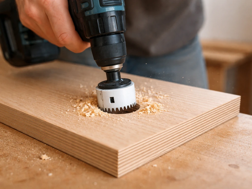 Close-up of a hole saw drilling a centered 1.5-inch entry hole in a wooden end panel