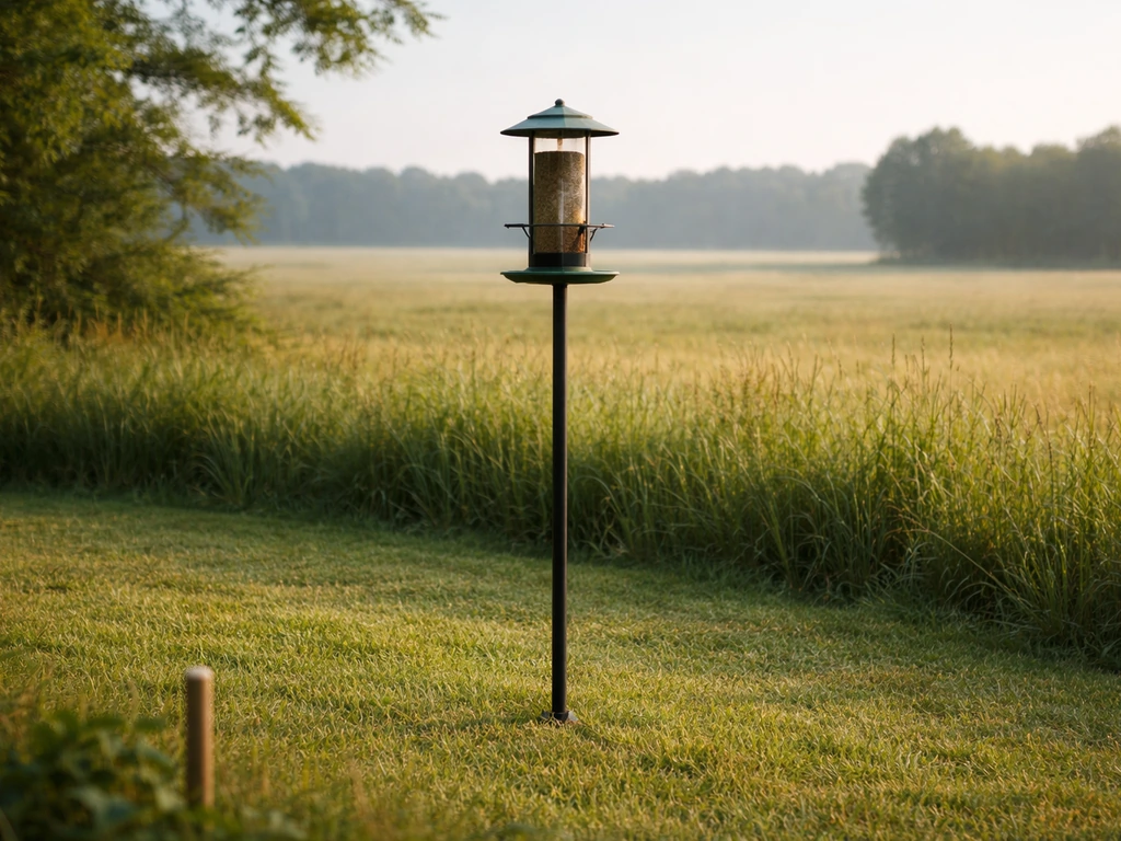 Bird feeder on a pole at the edge of open grassland, showing proper placement and height.