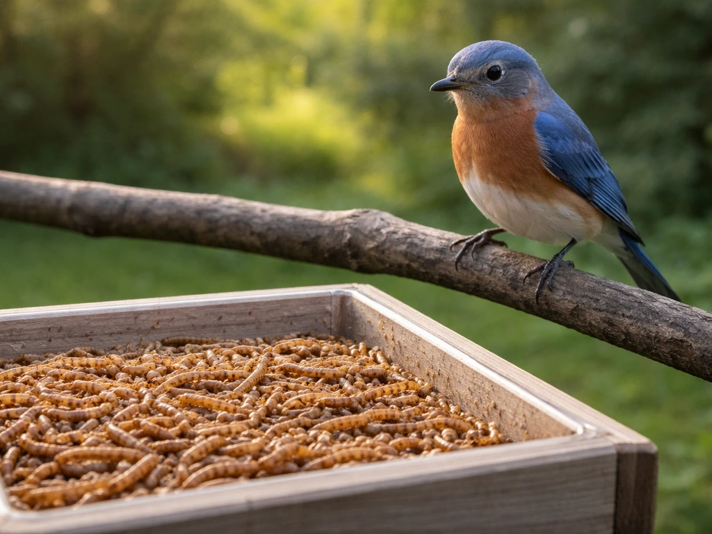 Close-up of a bluebird feeder tray with live mealworms and a bluebird nearby.