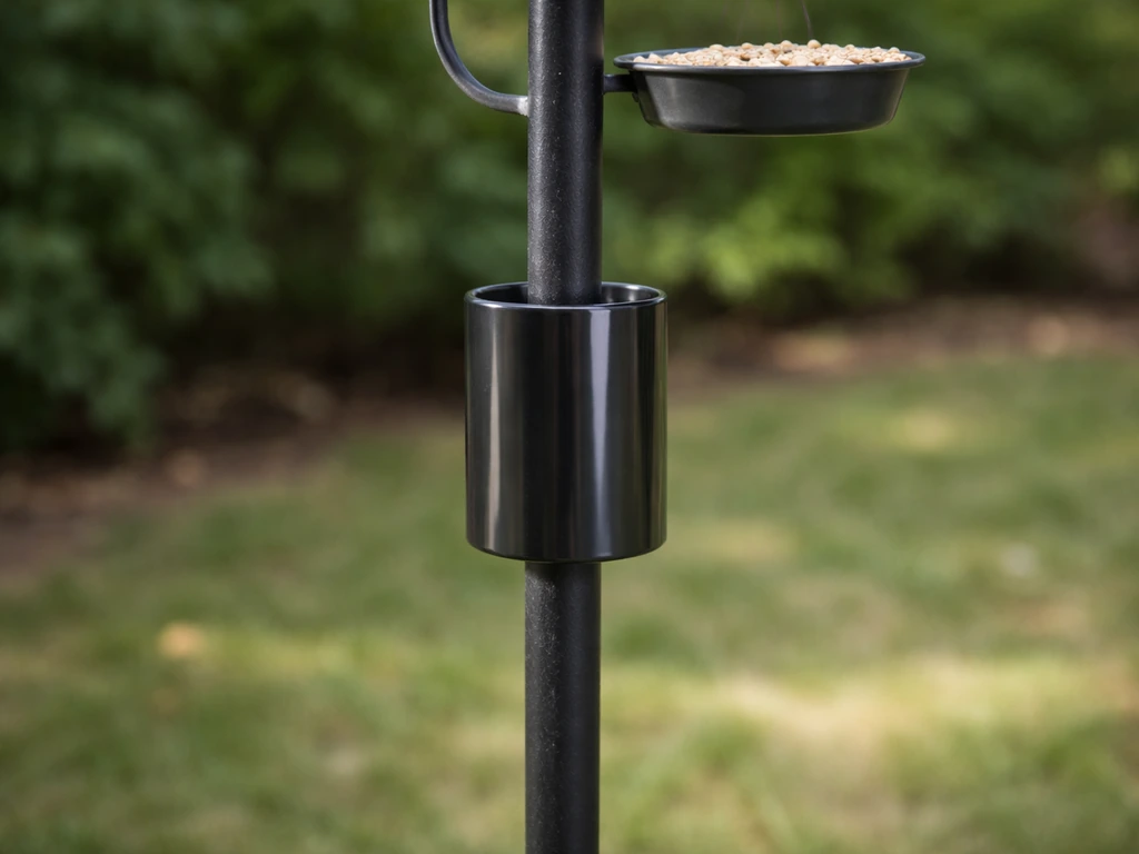Close-up of a bird feeder pole with a smooth wrap sleeve/baffle making it hard for birds to climb