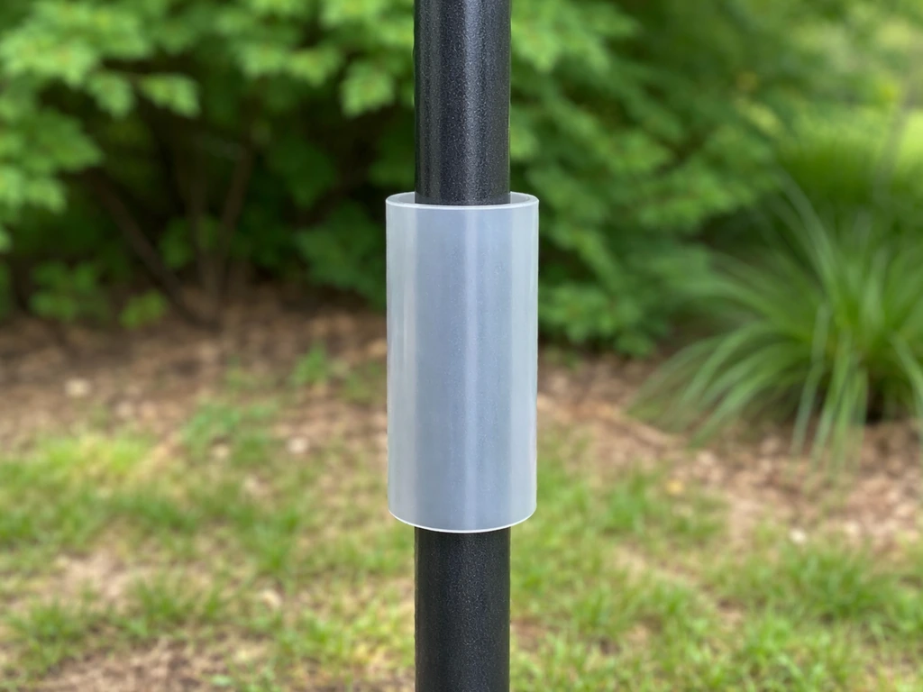 Close-up of a bird feeder pole with a clean smooth anti-climb wrap sleeve protecting the lower section