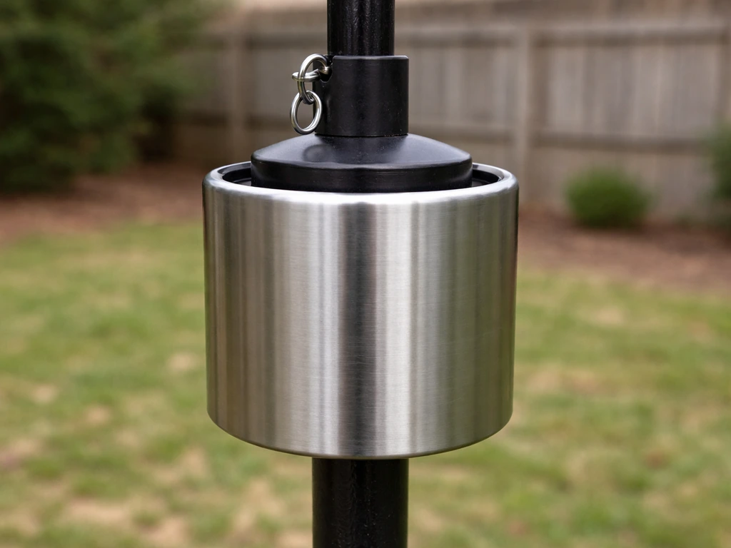 Close-up of a spinning sleeve on a bird feeder pole, showing the outer tube rotates freely.