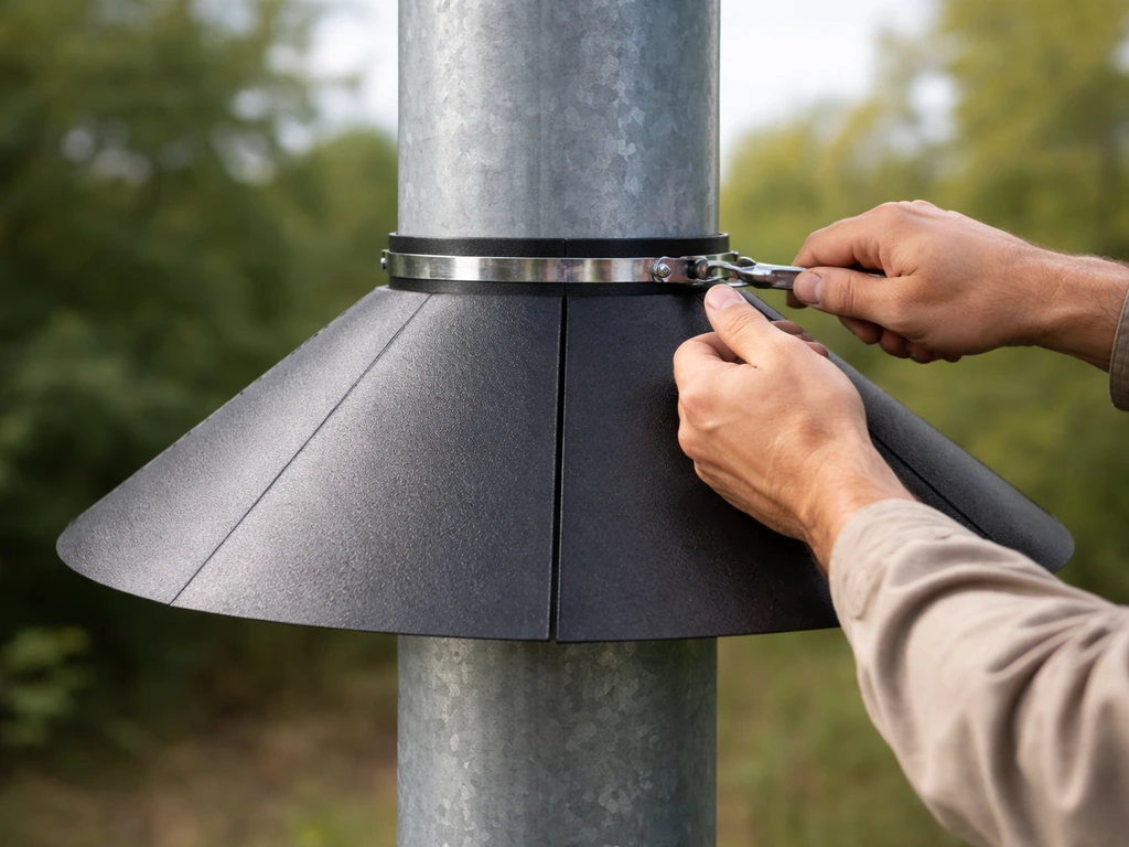 Wrap-around pole-mounted baffle being aligned and clamped at the correct height on a metal pole