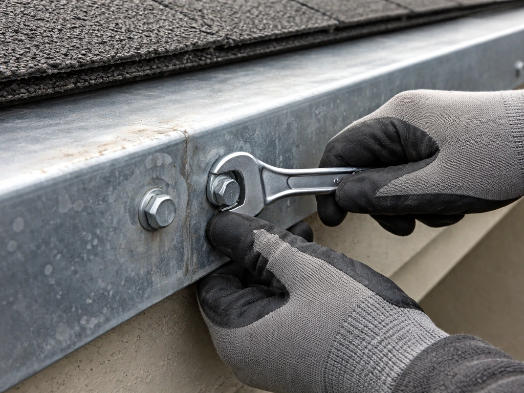 Technician inspecting a rooftop baffle/wrap hardware with a wrench during seasonal maintenance