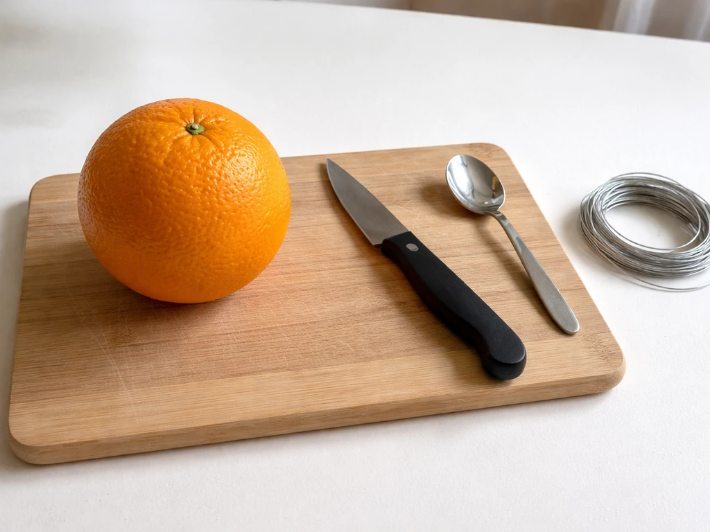 Fresh orange and bird-feeder tools—knife, spoon, cutting board, and hanger wire—laid out neatly