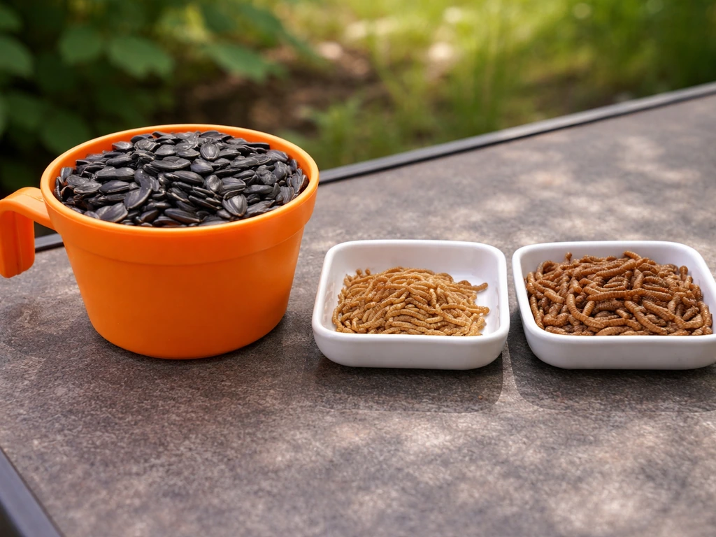 Orange bird cup filled with black-oil sunflower seeds beside trays of mealworms in natural outdoor light.