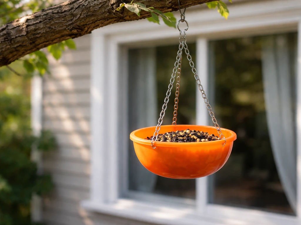 Orange bird feeder hanging from a tree branch with a window visible behind it, near distance placement.