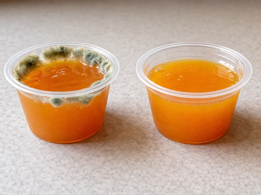 Side-by-side cups: one with fuzzy green mold, the other with a fresh amber orange mixture.