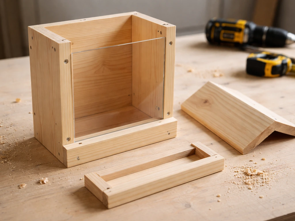 Wooden gravity hopper feeder in-progress with clear acrylic front panel on a simple workbench.