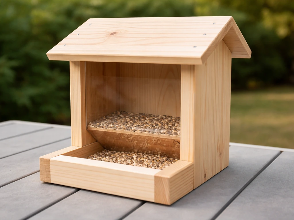 Assembled wooden gravity hopper bird feeder with acrylic front aligned to the opening.