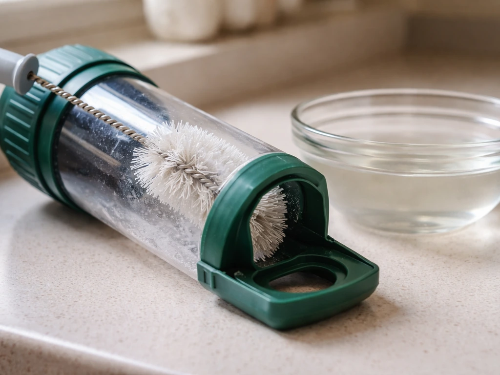 Bottle brush scrubbing inside a simple seed feeder while a vinegar-water solution sits nearby