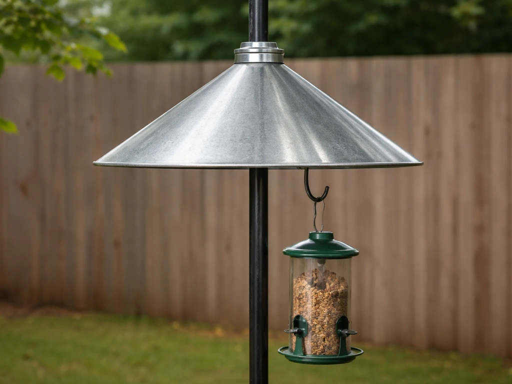 Pole-mounted metal baffle around a hanging bird feeder, showing clear mounting height and clearance.