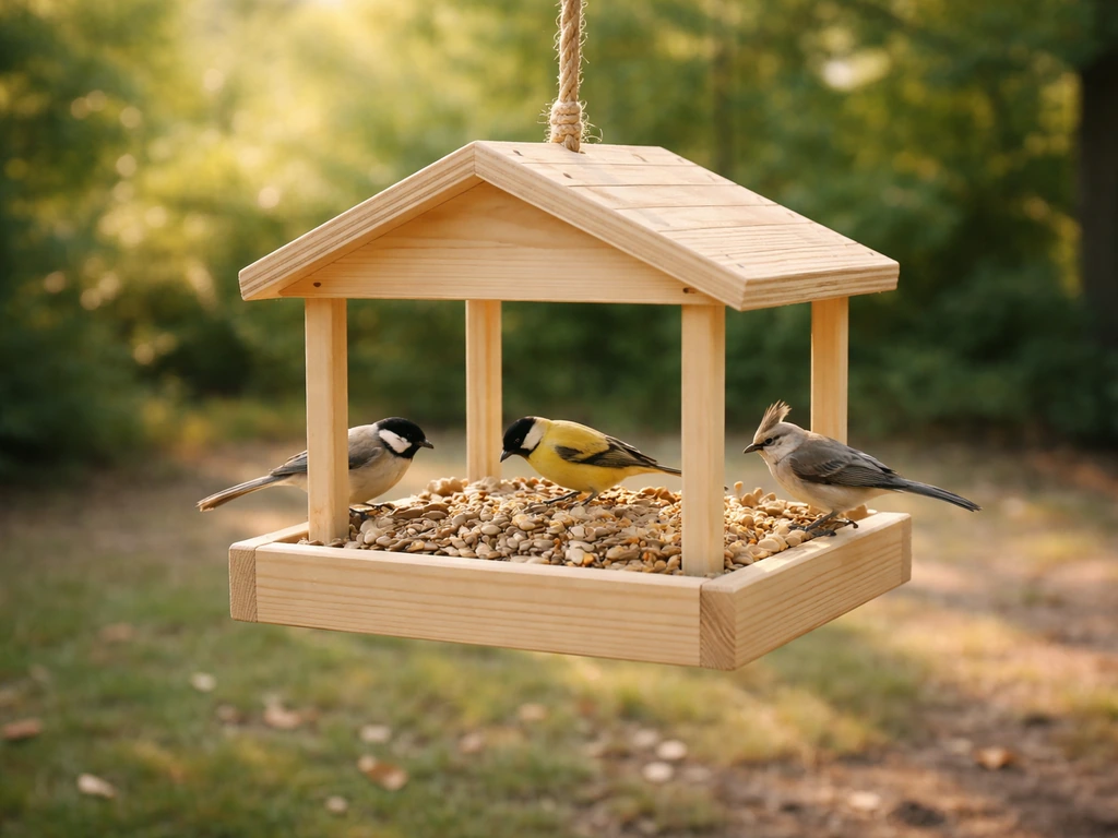 Close-up of a DIY wooden bird feeder with birds feeding on a backyard platform in natural light.