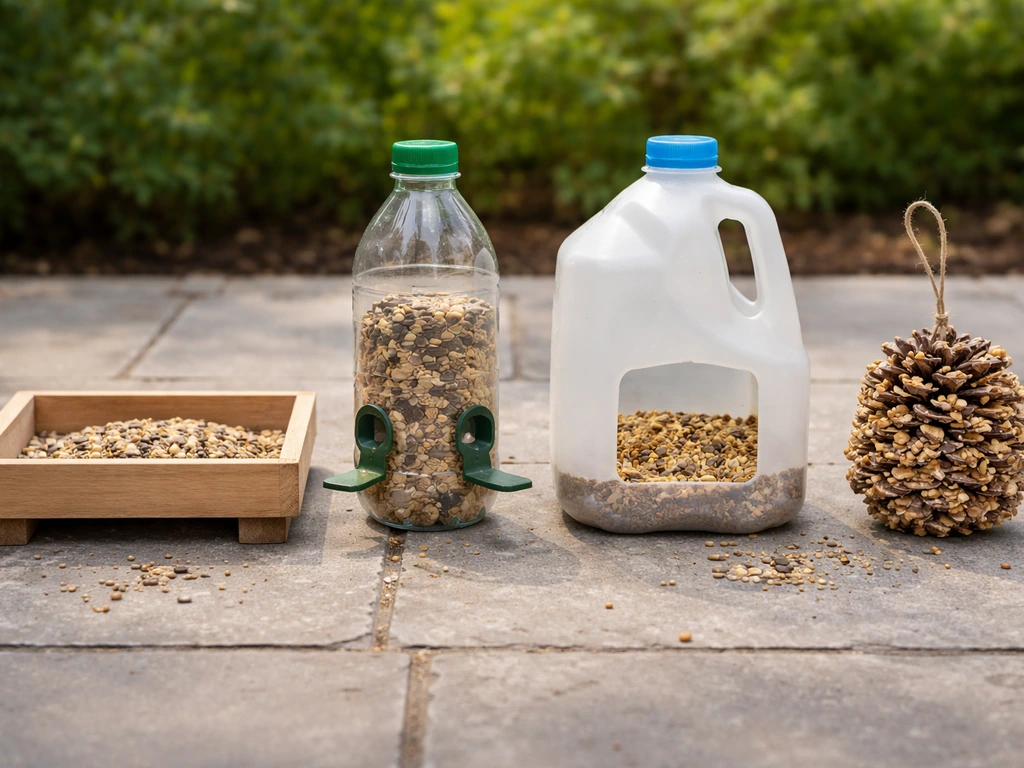 Four bird-feeder setups—wood platform, plastic bottle, milk jug, and pinecone—laid out in a simple yard setting.