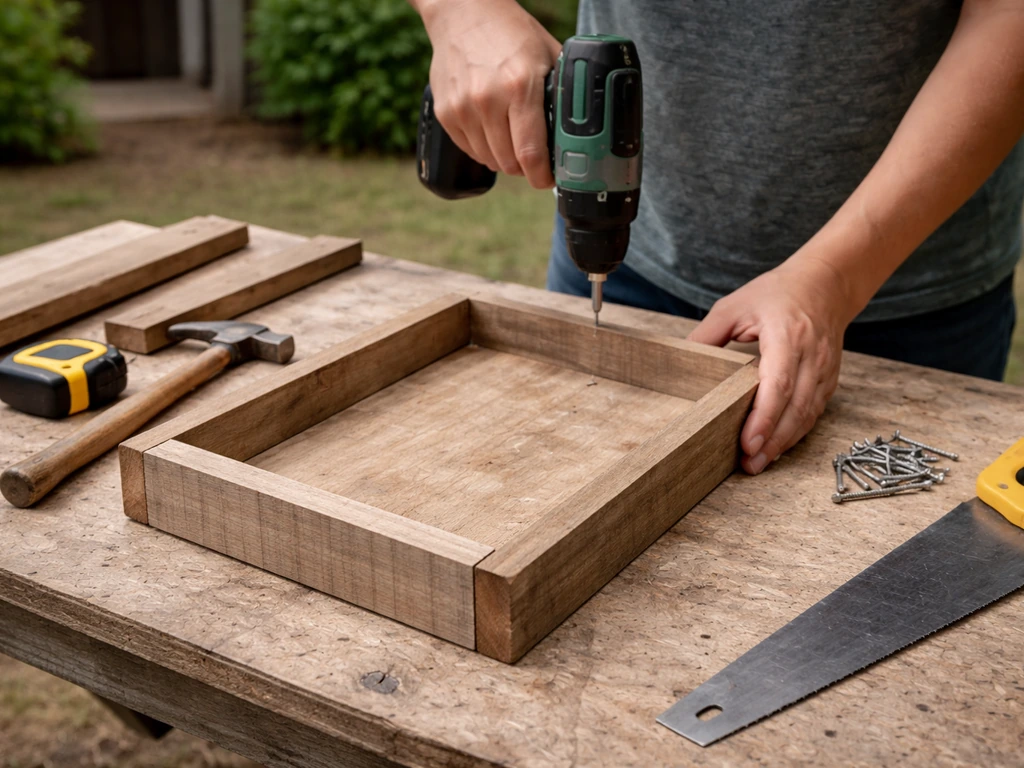 Hands assembling a simple rectangular wooden platform feeder base with tools and wood pieces visible.