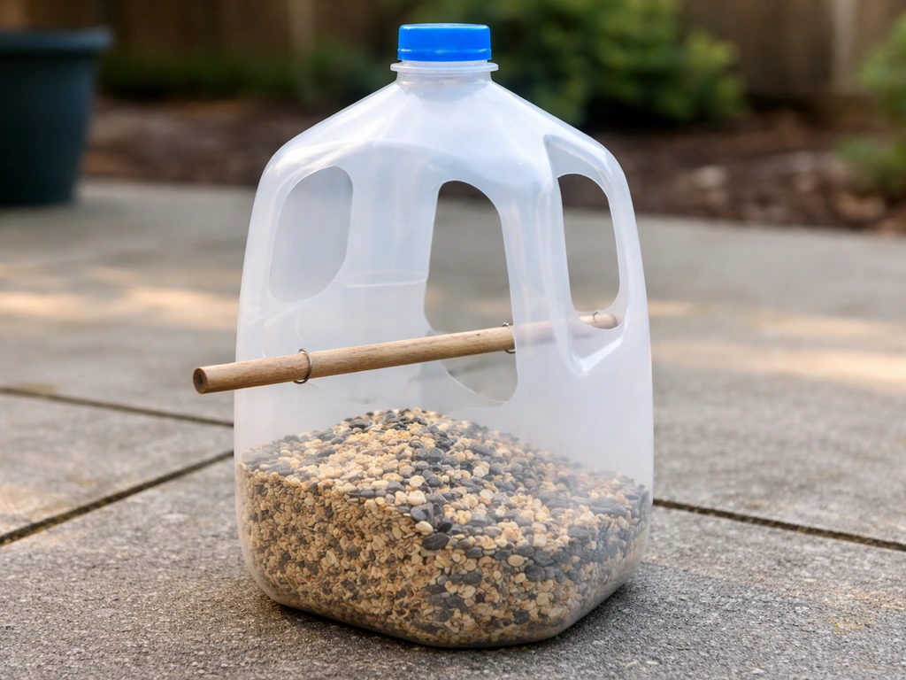 DIY gallon milk jug bird feeder with large side openings and a twig perch mounted across the top.