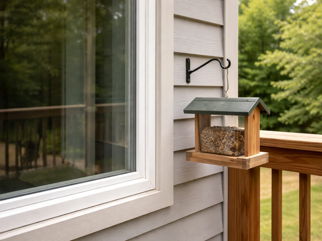 Bird feeder safely placed within a few feet of a window on a home deck railing.