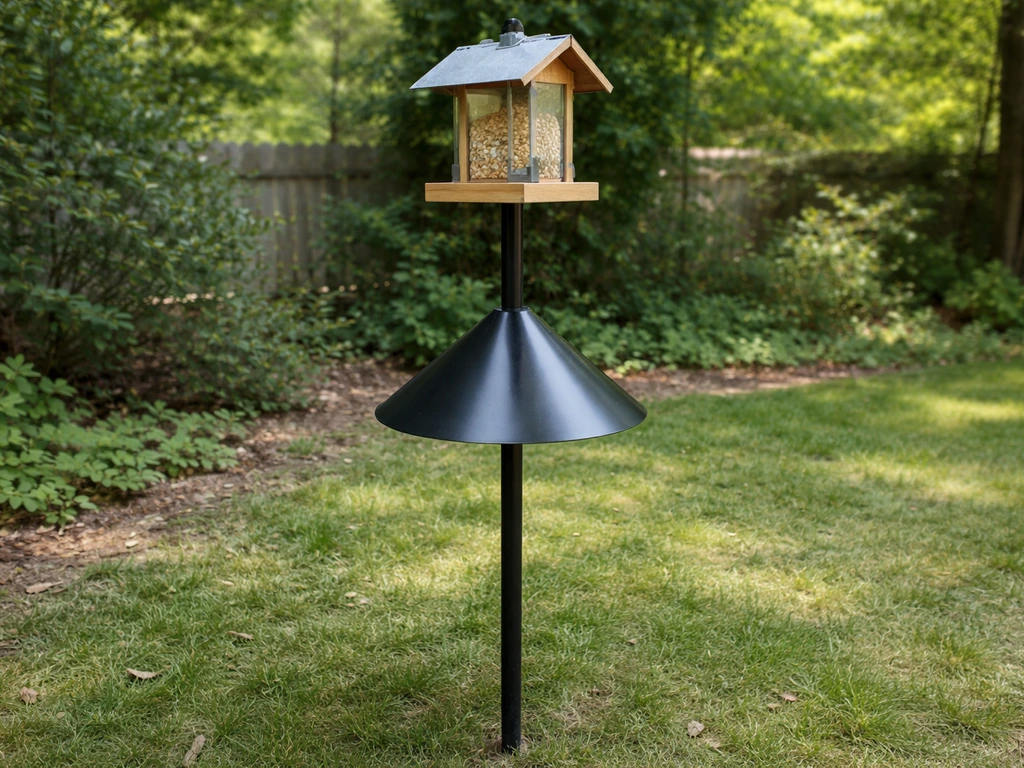 Pole-mounted bird feeder with a squirrel baffle positioned about 4–5 feet high outdoors