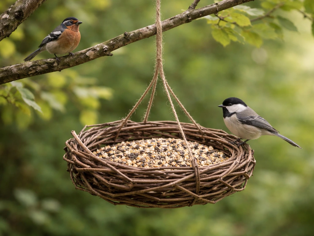 Handmade twig bird feeder hanging outdoors with small birds nearby on a simple branch.
