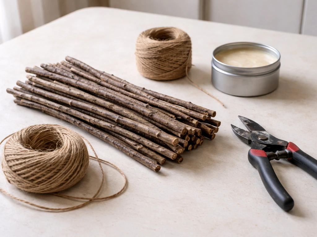 Twigs and twine laid out on a simple table with pruning shears, ready for a twig bird feeder