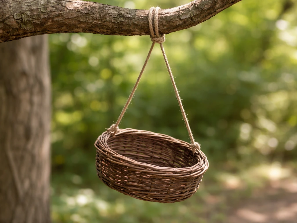 Twig bird feeder hanging from a thick tree branch with a secure knot and cord outdoors.
