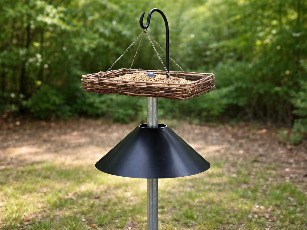 Twig platform bird feeder mounted on a metal pole with a hook and a baffle beneath