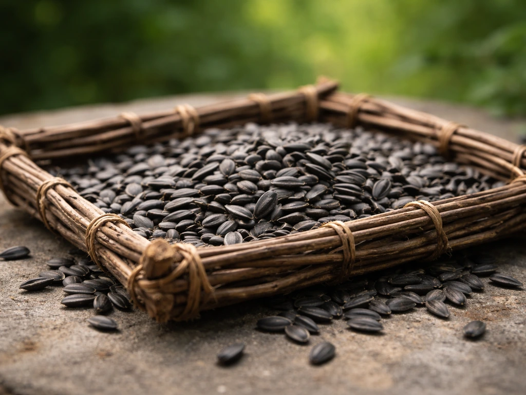 Black oil sunflower seeds spilling into a twig platform feeder tray, close-up with a blurred garden background.