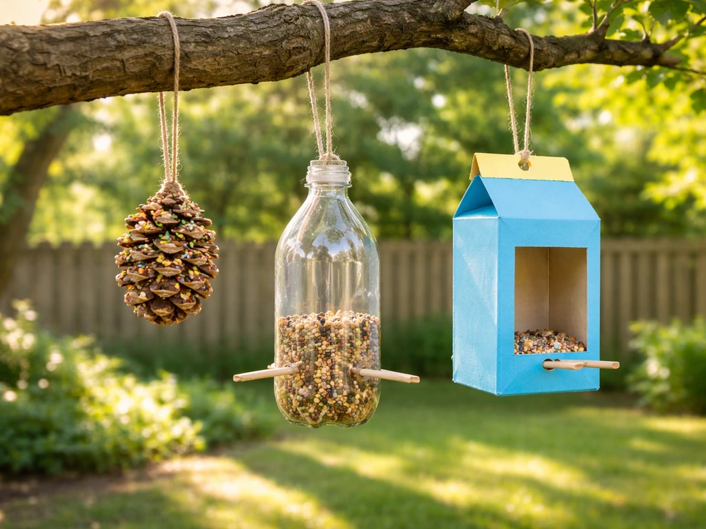 Three colorful DIY bird feeders—pinecone, bottle/jug, and milk carton—hanging from a tree outdoors.