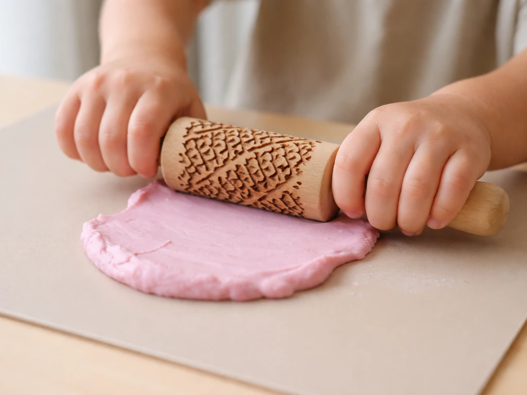 Preschool hands rolling and spreading with a pinecone roller on a simple craft mat