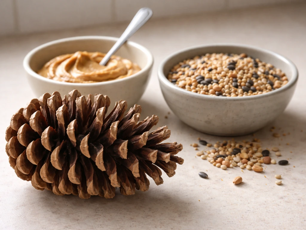 Close-up of a large open pinecone with birdseed and seed-binder in bowls for pressing