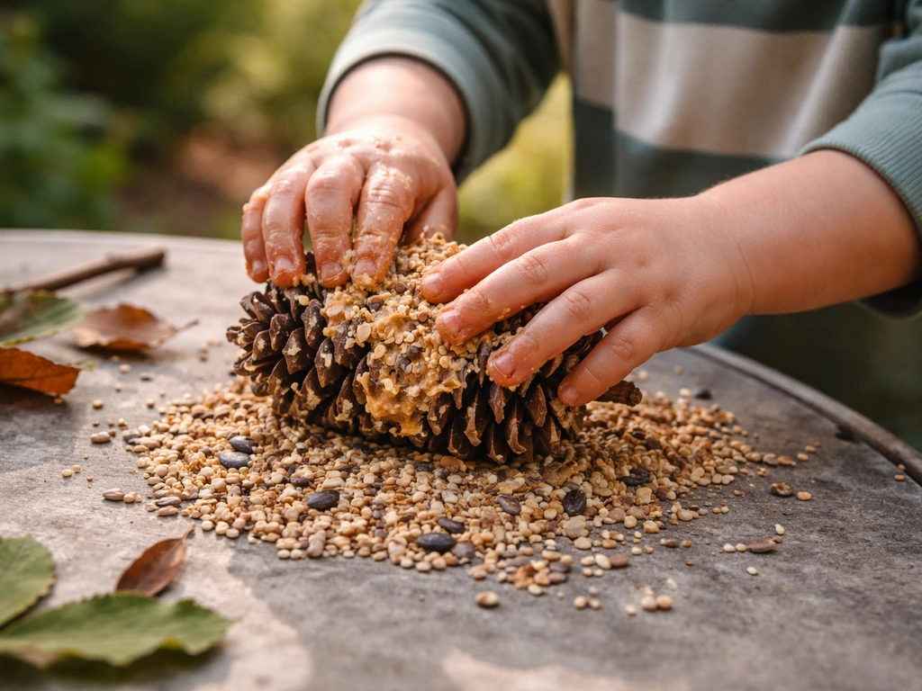 Preschooler pushes birdseed onto a pinecone and rolls it on a simple outdoor table