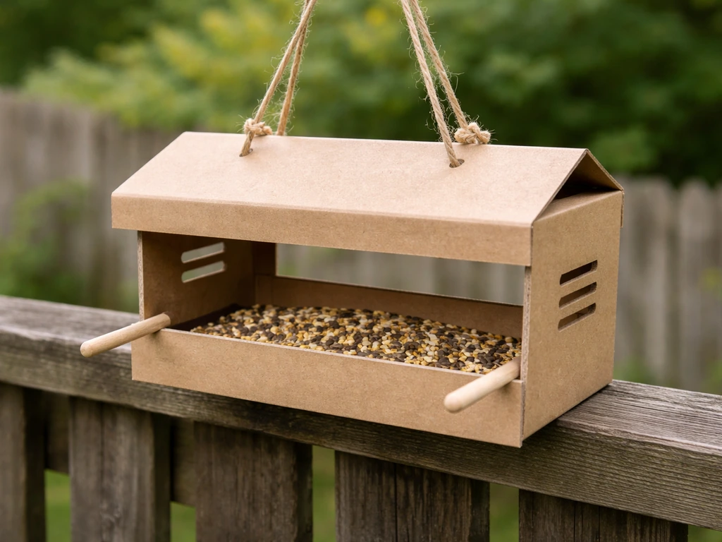 Finished DIY shoe-box bird feeder with perches and roof, hanging outdoors near a window.