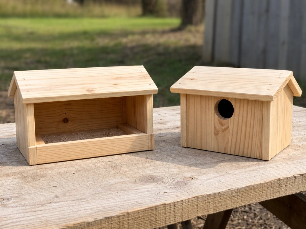 Two small wooden box builds side-by-side: a bird feeder style with open front and a bird house shelter with roof