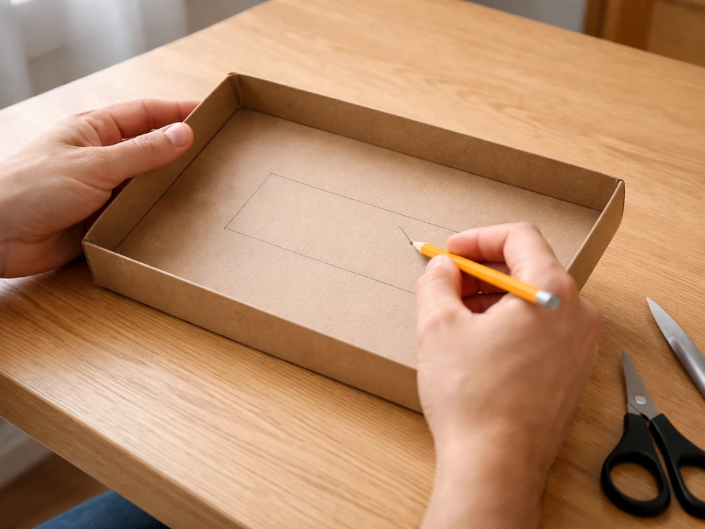 Hands marking a rectangular opening on a shoe-box lid for a bird feeder tray/roof.