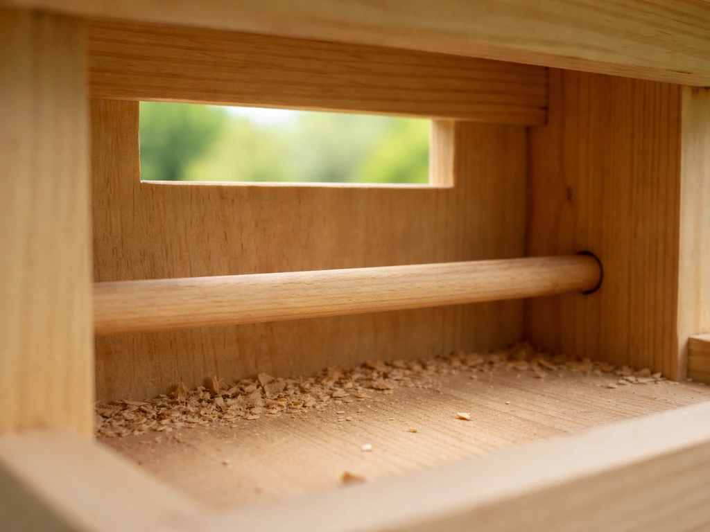 Close-up of a bird feeder interior with a dowel perch positioned below the feeding opening