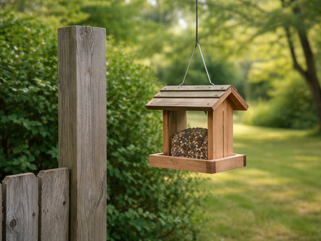 Bird feeder hanging at the right height beside a shrub, with a clear view and nearby safe cover.