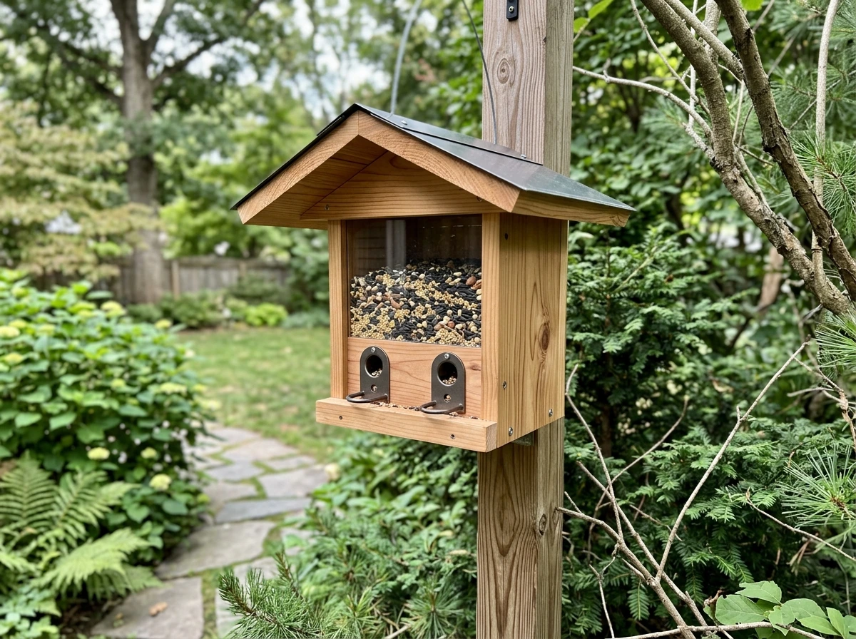 Finished DIY wood bird feeder kit mounted outdoors, inviting scene for backyard birds