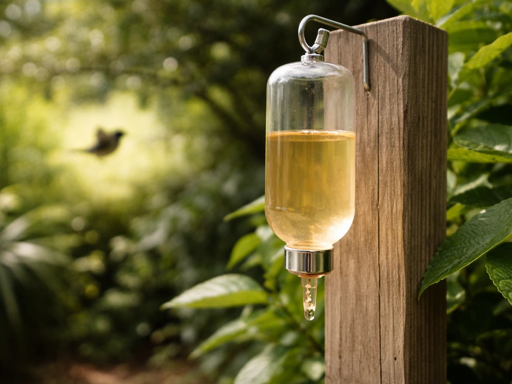 Close-up of a DIY NZ nectar bird feeder with pale nectar, hanging in a backyard garden with a blurred native bird visito