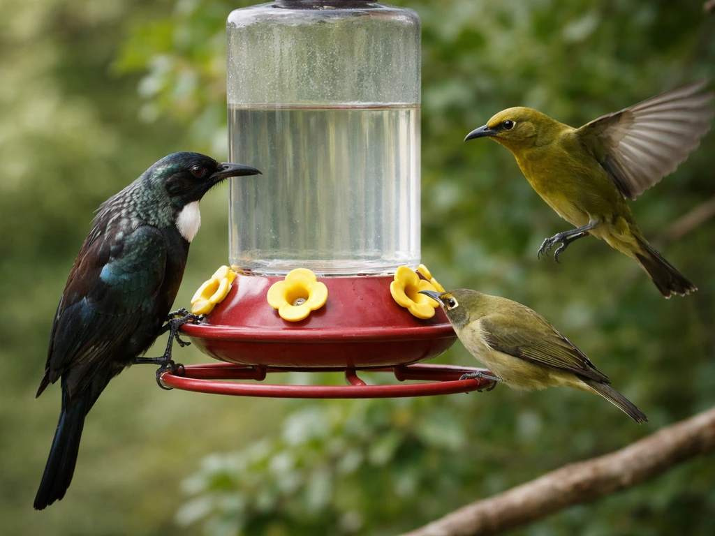Three NZ nectar birds—tūī, korimako, and tauhou—on and near a small nectar feeder outdoors.