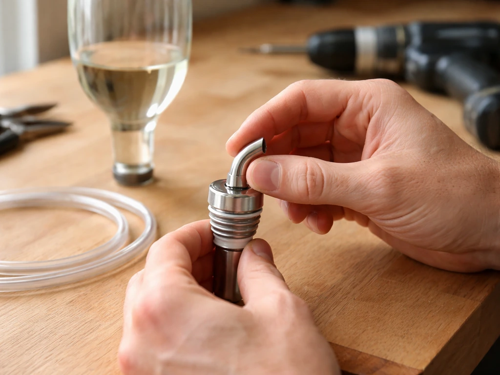 Hands dry-fitting a nozzle and tube on a wine bottle with a drill nearby on a clean workbench